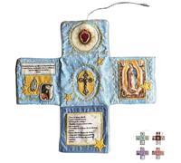 Kit de prière de voyage catholique fabriqué à la main - Édition Faith, 25,4 cm avec croix, pochette en tissu pliable en forme de croix, images de saint et prières espagnoles, cadeau chrétien (bleu)