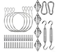 Kit de quincaillerie pour voile d'ombrage en acier inoxydable 44 pièces comprenant 1,5 m de câble métallique tendeurs et crochets pour fixation triangulaire rectangulaire extérieur Argenté