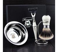 Kit de rasage pour homme en couleur ivoire avec rasoir à 3 bords, blaireau à pointe argentée, support et bol en acier inoxydable