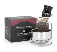 Kit de rasage pour hommes de 3 en 1, set de brosse à raser comprend des brosses à raser en poils de blaireau pur, bol à raser en acier inoxydable à 3 couches et support pour rasage humide - Cadeau