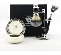 Kit de rasage pour hommes de 5 pièces avec rasoir de sécurité à double tranchant, brosse à poils de blaireau synthétique argentée, double rasoir et support de blaireau, bol, savon