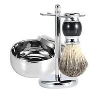 Kit de rasage pour hommes, ensemble de 3 blaireaux pour blaireau et poils de blaireau (brosse douce avec manche en bois + bol de savon en alliage + support pour rasoir en acier