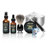 Kit de Rasage pour Hommes, Kit de Soin de Rasage avec Huile Pré-Rasage, Crème de Rasage, After-Shave, Bol à Rasage en Acier Inoxydable 10,5cm, Brosse à Rasage Noire, Rasoir à Lame Double + 10 Lames