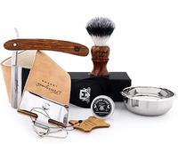 Kit de rasage vintage de 6 pièces pour hommes Blaireau à poiles synthétiques, rasoir coupe-gorge, cuir à double XXL véritable, pâte à, bol en acier inoxydable Le kit de rasage parfait