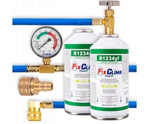 Kit de recharge de gaz réfrigérant FixClima R1234yf - 2× gaz de rechange pour climatisations de voitures à partir de 2016 avec tuyau en cuivre, manomètre et adaptateur R1234yf - performance de