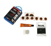Kit de réparation boyaux - boîte 6 patchs 15mm + 2 patchs 25mm + colle 5g + rape acier avec notice Velox Bleu
