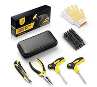 Kit de réparation de pneus tubeless 27 pièces, auto et moto, avec étui | 20 mèches, outils à poignée en T, gants, pince, cutter et étui pour pneus tubeless de voiture, moto et utilitaire