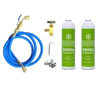 Kit de réparation pour réfrigérateur avec 2 bouteilles de gaz R600a 420 g + sortie 1/4" M + tuyau + valve perforée pour tube en cuivre