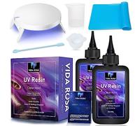 Kit de résine UV VIDA ROSA de 200g ultra transparent avec lampe UV, tige de mélange en silicone, verre doseur et tapis en silicone.
