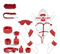 Kit de retenue de bondage sexuel BDSM, 7 pièces de retenue de bondage, kits de retenue de lit fétichiste, menottes, collier de corde, bandeau SM, jeux pour adultes pour femmes (Rouge)