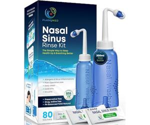 Kit de Rinçage Nasal - Flacon Neti de 300 ml + 80 sachets de solution saline - Système de rinçage des sinus pour adultes et enfants - Lavage nasal naturel, sans médicaments, équilibré en PH pour le