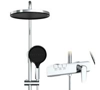 Kit de Robinet de Douche Complet avec Colonne de Douche et Piano Chromé | Sortie d'Eau Cascade à Réglage ±15° Douchette à Main 3+1 Fonctions Rotatif 360 Tete de Douche Pluie