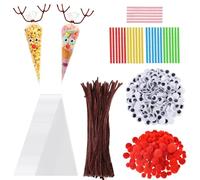 Kit de Sachet Bonbon Noël,100 Pièces Kit de Bricolage de Rennes pour Noël,Sachet Bonbon Transparent,Cellophane Cône Bonbons,Sachets Transparent Triangle,Pompons Moelleux,pour Cadeaux de Noël