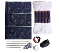 Kit de Sashiko, fil Yokota Sashiko, aiguilles et gabarit Yume Fukin avec manuel original en anglais, ensemble de couture, tissu, textile japonais (fil blanc/chiffon bleu marine)