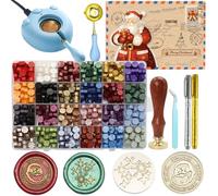 Kit de sceau de cire de Noël - 2 tampons Père Noël et étoile avec 24 perles de couleurs 600 pièces, chauffe-eau électrique, cuillère, stylos métalliques, carte et enveloppe pour sceller les lettres