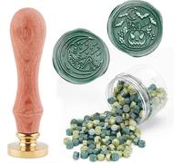 Kit de sceau de cire d'Halloween 210 pièces de perles de sceau de cire vertes avec 2 têtes de tampon de scellement d'Halloween (crâne et citrouille) et 1 manche en bois universel pour Noël