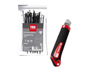 Kit de serre-câbles TOX Clip (200 pièces) + cutter, serre-câbles en 2 tailles avec 100 pièces de chaque, 7,6 x 250 et 300 mm + 1 cutter avec boîtier ABS et 2 lames de rechange, 09990921