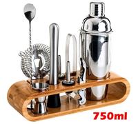 Kit de shaker à cocktail - HELLOVE - 750ML - Acier inoxydable - 10 pièces - Support en bois écologique