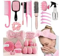 Kit de soins du visage 33pcs avec Set de Bandeau et Bracelets de Lavage de Visage | Bandeaux Maquillage Bracelets Lavage | Ensemble Absorbant pour Routine Beauté, Spa et Maquillage(Rose)