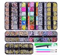 Kit de strass, kit de nail art avec boîte rangement à 12 compartiments, plus 9 000 strass et perles colorés pour éblouir, comprend des outils professionnels nail art pour manucure DIY