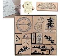 Kit de tampons faits à la main pour fabrication de cartes en bois et caoutchouc avec montagnes, rivières, forêts, bâtiments, kit de cartographie à faire soi-même pour journal, scrapbooking et projets