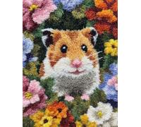 Kit de tapis à crochet DIY,motif hamster mignon dans un champ de fleurs,facile pour débutants Comprend fil à crocheter,crochet et loquet,ensemble de loisirs créatifs pour tapis,coussin(38x52 cm)