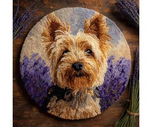 Kit de Tapis de Crochet à Point Noué,Des Yorkshire Terriers dans des champs de lavande,Coussin au Crochets à Loquet Bricolage,Modèle de couleur pré-imprimé,artisanat créatif Cadeaux,50x50cm