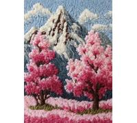 Kit de Tapis de Crochet à Point Noué,Paysage de montagne enneigé avec des cerisiers en fleurs,Coussin au Crochets à Loquet Bricolage,Modèle de couleur pré-imprimé,artisanat créatif Cadeaux,80x160cm