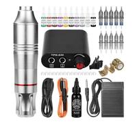 Kit de tatouage complet - Ensemble de stylo à tatouage rotatif pour les débutants, alimentation réglable, cartouches, pédale de pied et accessoires pour shader de doublure,Argent