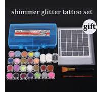 Kit De Tatouage Temporaire En Poudre, 24 Couleurs, Paillettes Scintillantes, Pour La Conception D'art Corporel, Peinture Avec Pochoir, Colle Et Pinceaux