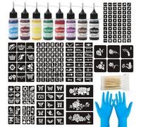 Kit de tatouages au henné 8 couleurs d'encre, avec 195 pochoirs avec gants et applicateurs pour tatouages créatifs, accessoires pour tatouages temporaires DIY art corporel, peinture, cadeaux de fête