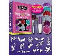 Kit de tatouages avec brillantine “Motifs avec des ailes†avec 6 Grands Pots de paillettes & 12 Pochoirs Réutilisables pour Tatouages Temporaires