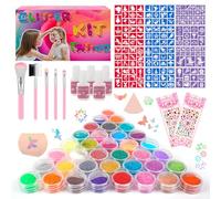 Kit de tatouages pailletés temporaires, 38 couleurs brillantes avec 153 pochoirs, 5 pinceaux, 5 colle, 236 strass, 1 gomme pour enfants, filles, adultes - Non toxique, visage et corps pour fêtes