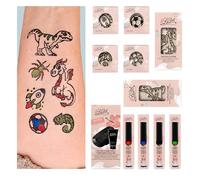 Kit de tatouages temporaires pour enfants 2 - Contenu : tampon encreur, encre noire pour tatouages, 4 pierres à tatouer petites, 2 pierres à tatouer moyennes, 4 liners colorés