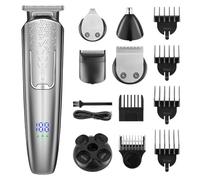 Kit de toilettage multifonction 5 en 1 avec LED numérique, moteur 6500 tr/min, tondeuse de précision sans fil étanche IPX6 pour barbe, cheveux, corps, nez, oreille, rasoir électrique (argenté)