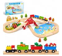 Kit de train en bois 75 pièces, ferme, pêche, rails en bois, train en bois | Pont 3 trains, compatible avec Brio, chemin de fer en bois pour enfants, à partir de 3 ans, train en bois pour enfants