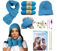 Kit de tricot complet pour débutants, apprendre à tricoter avec livret d'instructions (français non garanti), fil de laine, aiguilles à tricoter, aiguilles à tricoter et marqueurs de point (bleu)