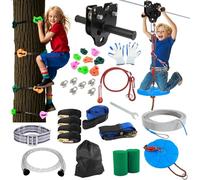 Kit de tyrolienne FAHKNS pour enfants et adultes : 61 m jusqu'à 181 kg - Conception mise à jour avec chariot amovible, siège épaissi, harnais de sécurité, kits de tyrolienne à serrage rapide pour