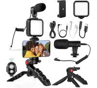 Kit de vlogging, kit vidéo compatible avec microphone LED, trépied, télécommande, kit YouTube pour Android, Instagram, Facebook Live (compatible Android et iPhone, LED rechargeables)