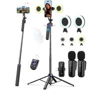 Kit de vlogging pour iPhone avec trépied de téléphone de 160 cm, microphone sans fil, lumières de remplissage LED, télécommande de défilement pour TikTok