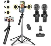 Kit de vlogging pour smartphone - Perche à selfie 180 cm, 2 éclairages d'appoint, microphone sans fil et trépied - TikTok/YouTube