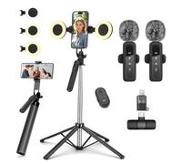 Kit de vlogging pour téléphone portable iPhone/Android, perche à selfie de 180 cm avec 2 éclairages d'appoint et microphone sans fil, trépied pour smartphone, kit de démarrage Tiktok/YouTube