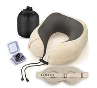 Kit de voyage 3 pièces : bouchons d'oreilles + masque de sommeil + coussin de nuque, doux et compact, coussin cervical réglable en mousse à mémoire de forme, masque pour les yeux 100% foncé pour