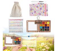 Kit de voyage 7 pièces pour artiste aquarelle portable avec palette pliante en bois, carnet de croquis et pinceaux pour croquis en extérieur et urbain, cadeau artistique (15 compartiments, carnet de