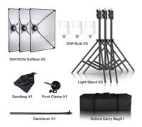 Kit d'éclairage pour la photographie, boîte à lumière 50x70CM, pied d'éclairage réglable, 3 ampoules de 20W