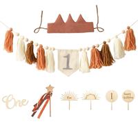 Kit Décoration Anniversaire 1 An Y Compris Couronn,Bannières,Baguette Magique,Ornements En Bois - Accessoires De Photo,Parfait Pour Fête D'anniversaire Inoubliable Pour Filles Et Garçons- Marron