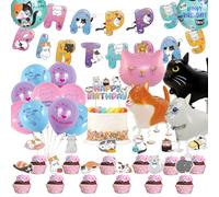 Kit Décoration Anniversaire Chat Complet, 18 pièces avec Ballon Chat Qui Marche, Bannière Joyeux Anniversaire, Topper de Gâteau et Ballons Latex pour Déco Fête Enfant