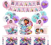 Kit Décoration Anniversaire Gabby,Ensemble Vaisselle Avec Bannière,Assiettes,Gobelets,Serviettes,Nappe Et Ballons - Décoration Fête D'Anniversaire Pour Enfants (10 Personnes) 54 Pcs