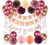 Kit Décoration Anniversaire Or Rose, Guirlande et Bannière Happy Birthday avec Ballons, Pompons et Boules Alvéolaires, Décoration de fête élégante pour femme et jeune fille
