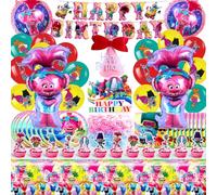 Kit Decoration Anniversaire Trolls - 80 Pcs avec Ballons, Vaisselle, Nappe et Deco Gateau pour Fête
